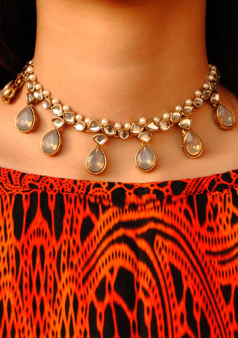 Silver Grey Crystal Kundan Necklace - Indya