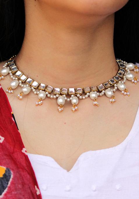 White Kundan And Drop Pearl Neckacle