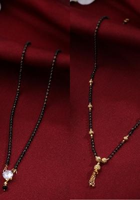 Black Set Of 2 Gold Plated Beaded Mangalsutra With Ad Stone