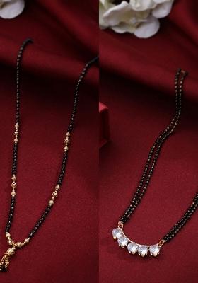 Black Set Of 2 Gold Plated Beaded Mangalsutra With Ad Stone