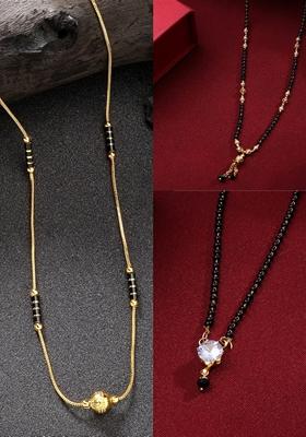 Gold Set Of 3 Gold Plated Cz Stone Studded & Beaded Mangalsutra