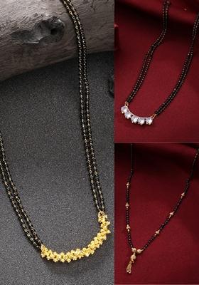 Gold Set Of 3 Gold Plated Cz Stone Studded & Beaded Mangalsutra