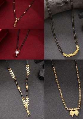 Gold Set Of 5 Gold Plated Black Beaded Mangalsutra