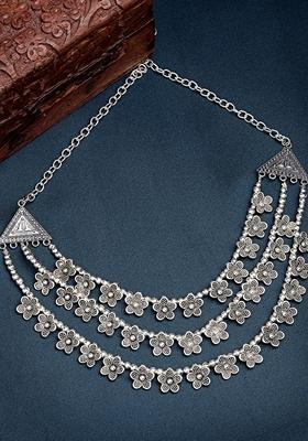 Silver 3 Layered Floral Shape Artificial Beads German Oxidised Necklace