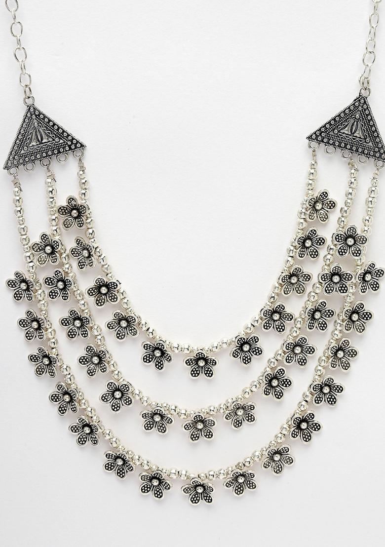 Silver 3 Layered Floral Shape Artificial Beads German Oxidised Necklace