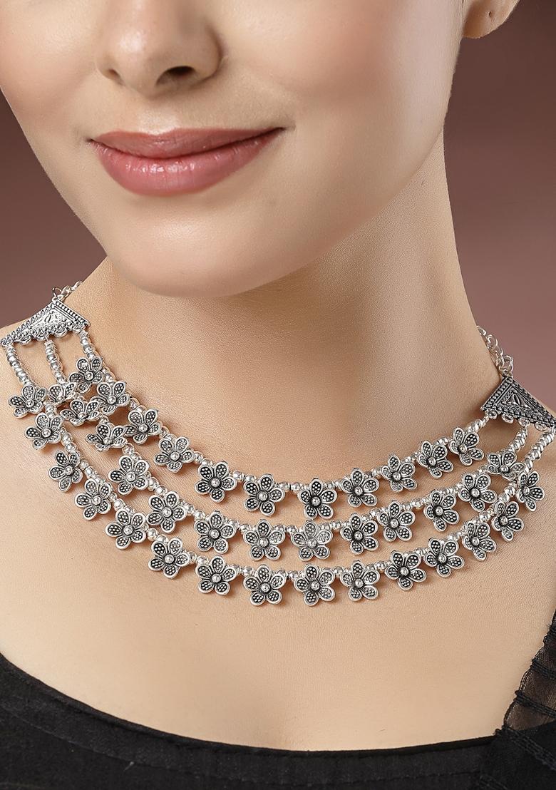 Silver 3 Layered Floral Shape Artificial Beads German Oxidised Necklace