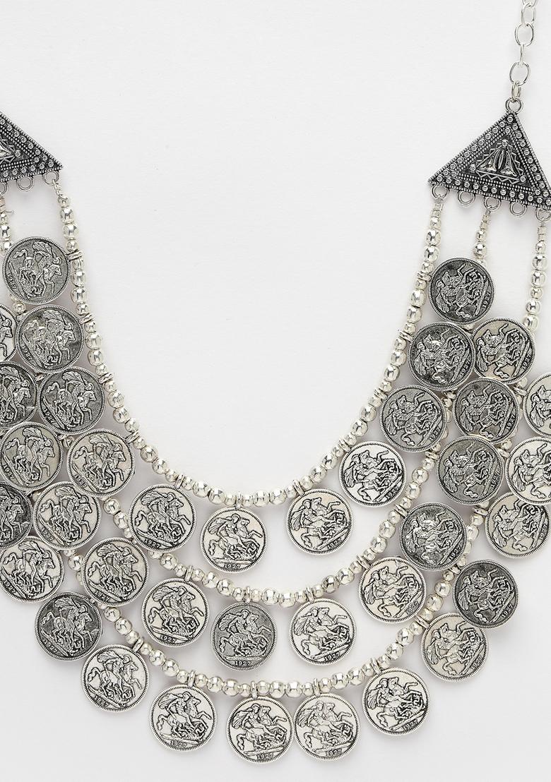 Silver 3 Layered Artificial Beads German Oxidised Necklace
