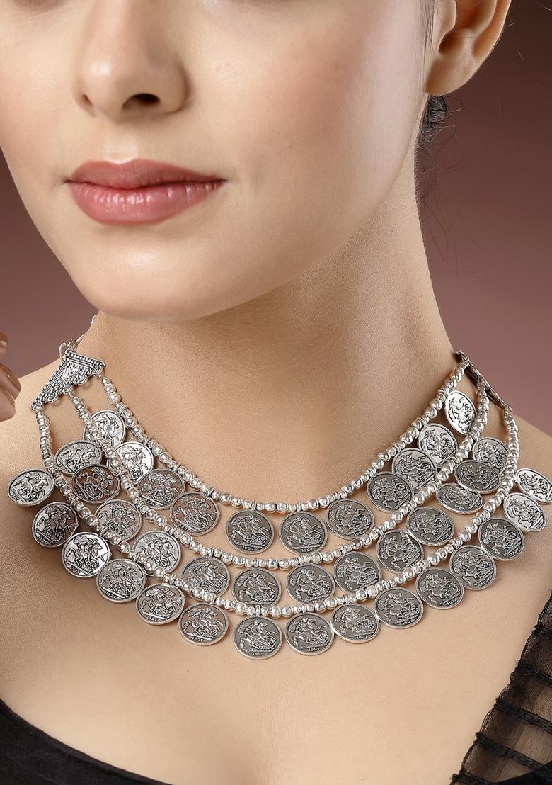 Silver 3 Layered Artificial Beads German Oxidised Necklace