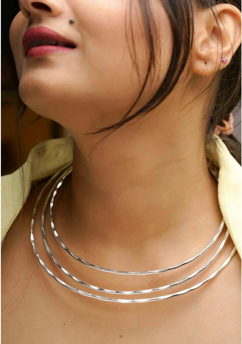 Silver 3 Layers Oxidized Plated Statement Choker Necklace