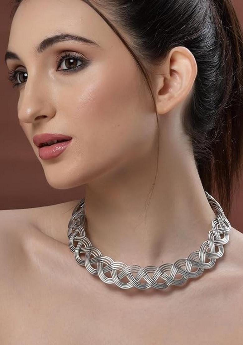 Silver Oxidized Plated Statement Choker Necklace