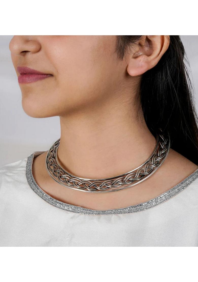 Silver Plated Oxidized Statement Choker Necklace