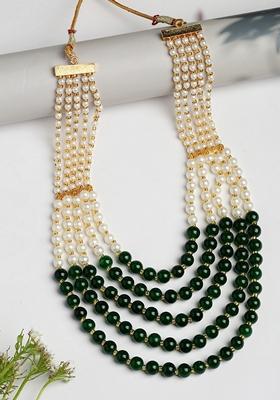 Green Handcrafted & White Beaded Layered Necklace
