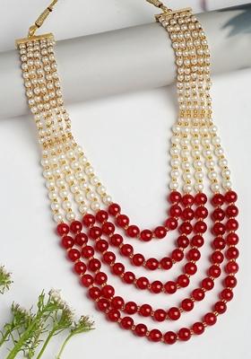 Red Handcrafted & White Beaded Laye Necklace