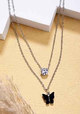 Silver Toned Artificial Stones Butterfly Shaped Layered Chain