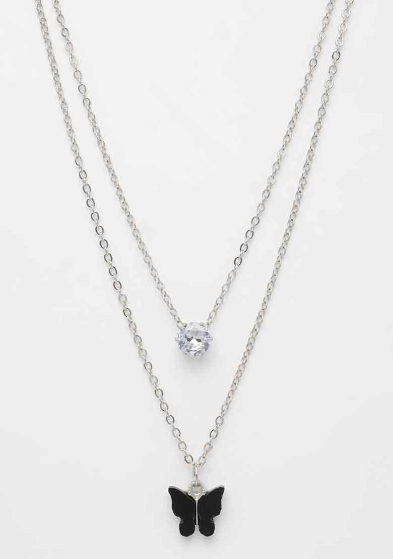 Silver Toned Artificial Stones Butterfly Shaped Layered Chain