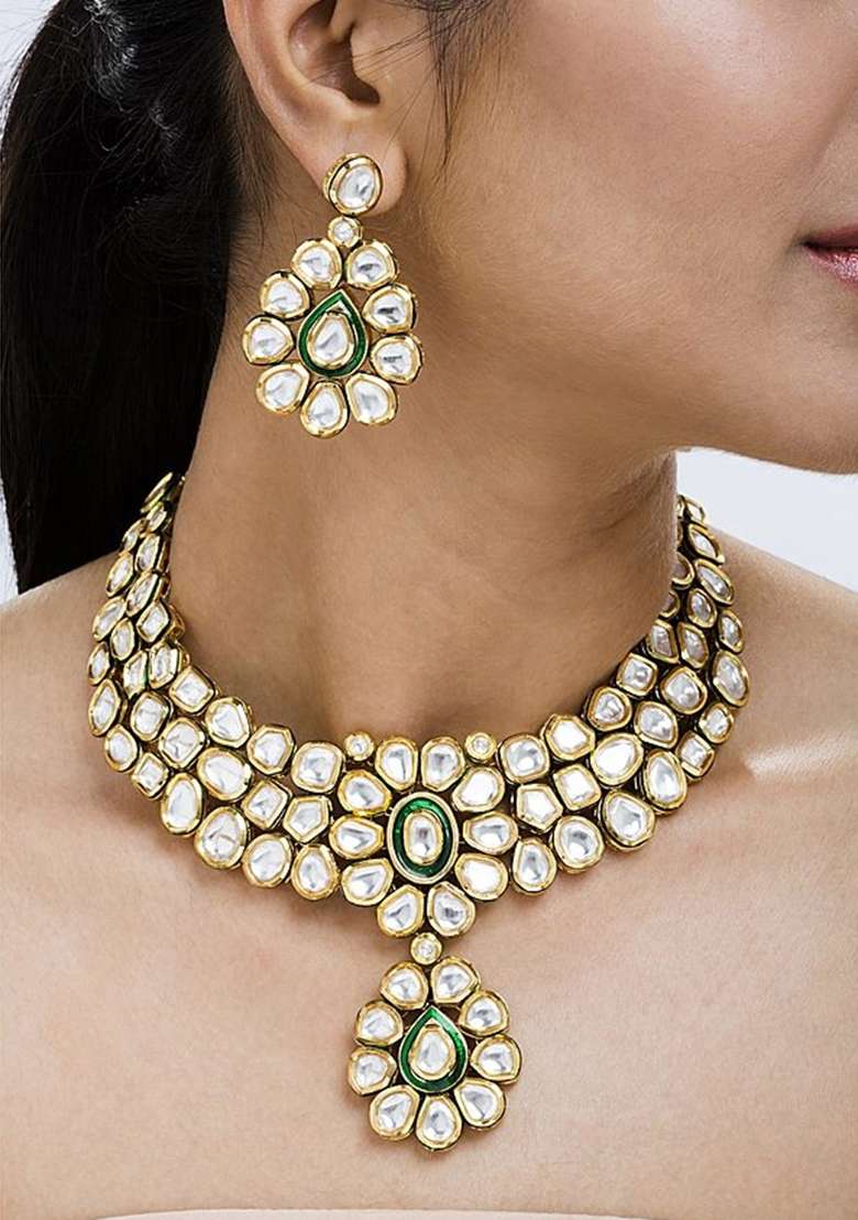Green Kundan Work Necklace Set - Indya