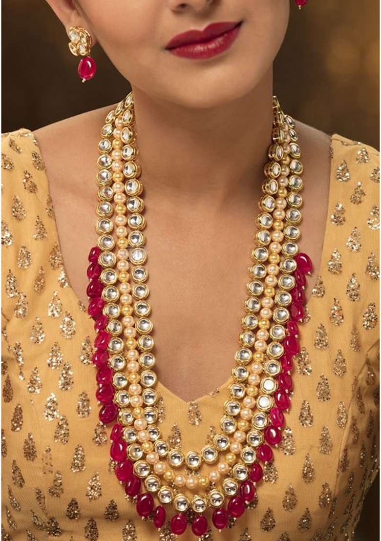 Pink Kundan Work Necklace Set - Indya