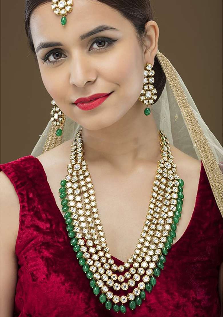 Green Kundan Work Necklace Set - Indya
