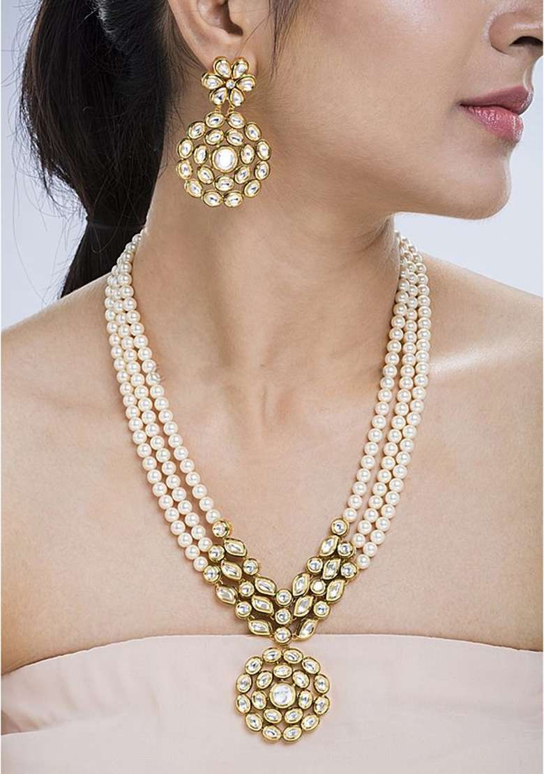 Cream Kundan Work Necklace Set - Indya