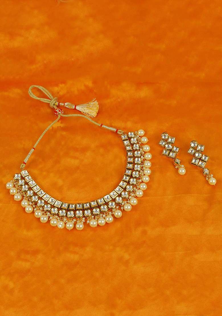 Cream Kundan Work Necklace Set - Indya