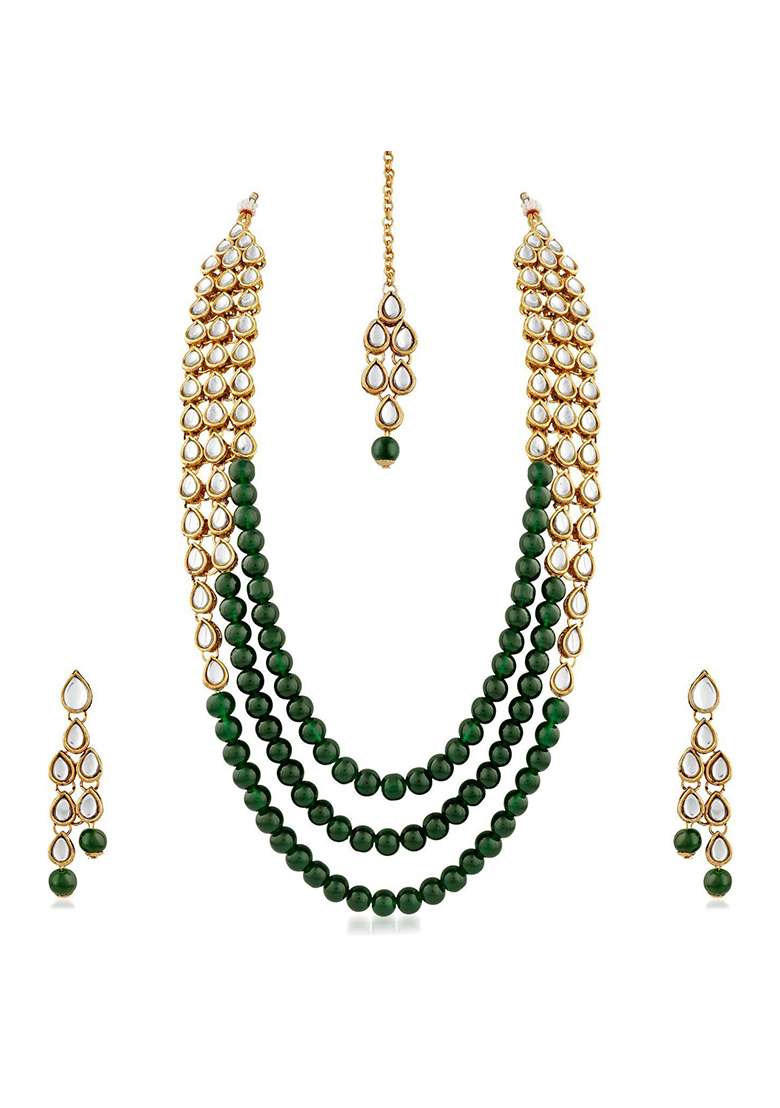 Green Kundan Work Necklace Set - Indya