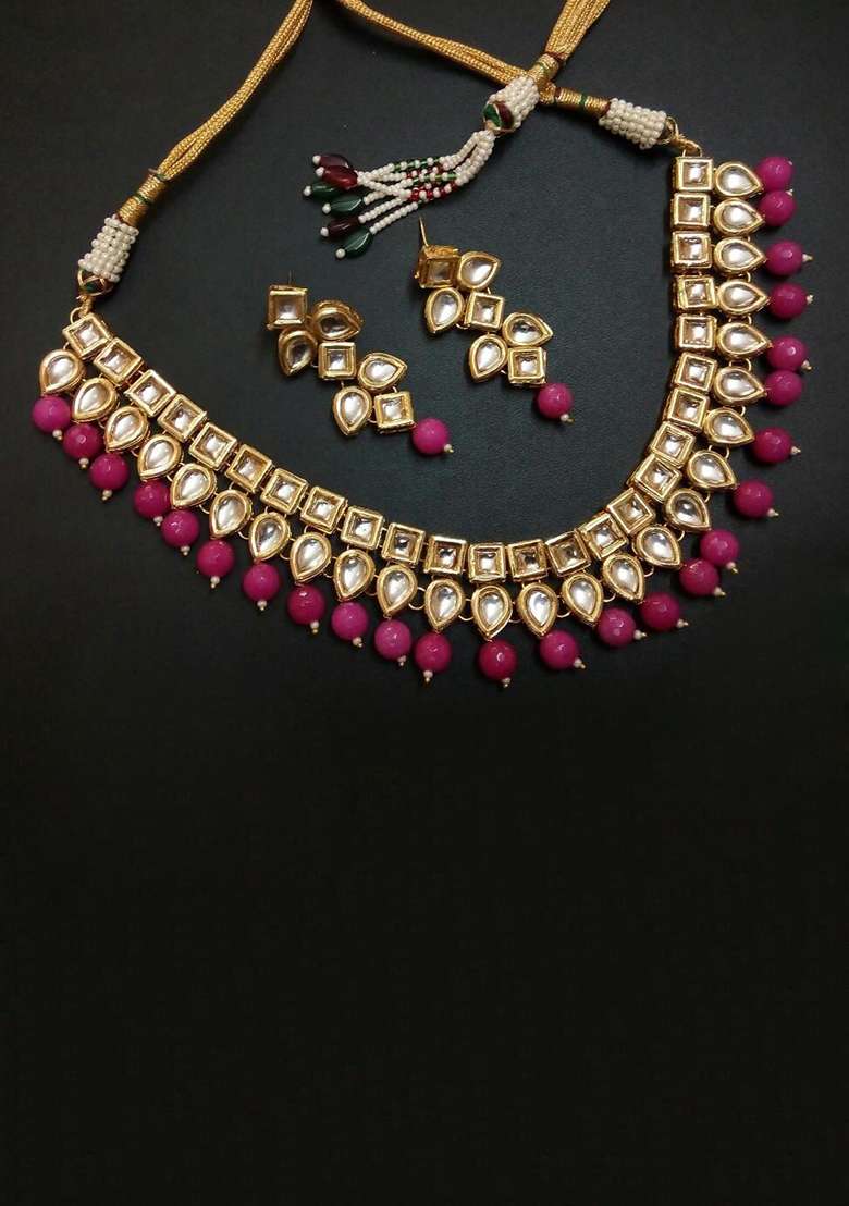 Pink Kundan Work Necklace Set - Indya