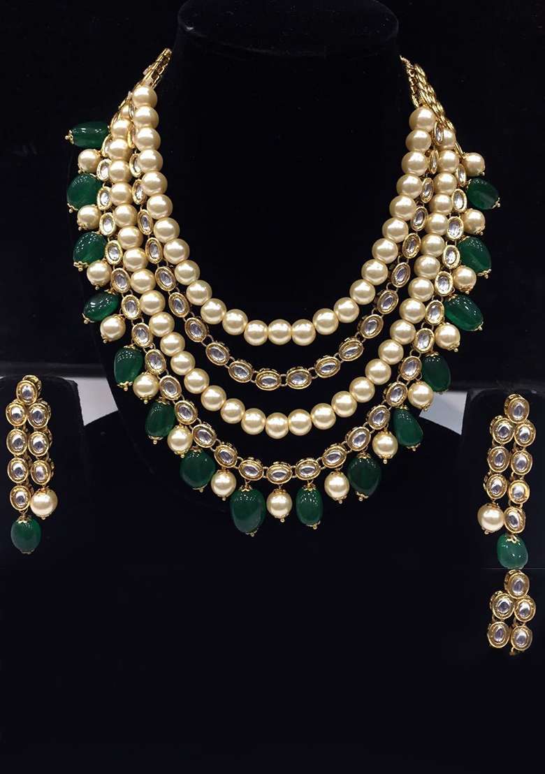 Green Kundan Work Necklace Set - Indya