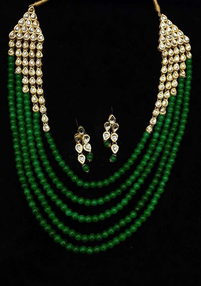 Green Kundan Work Necklace Set - Indya