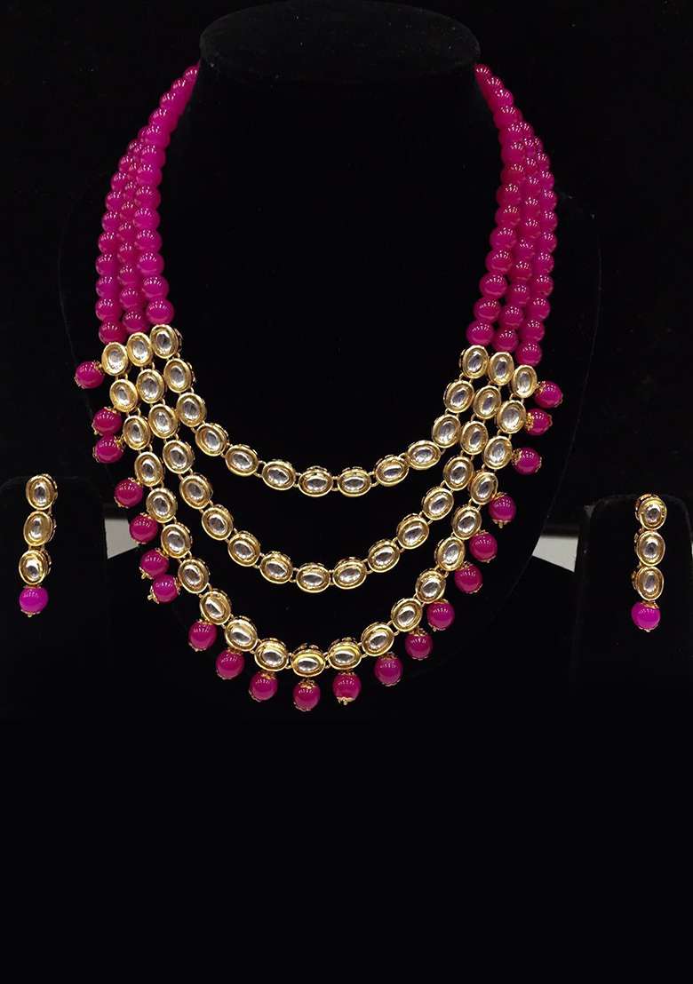 Pink Kundan Work Necklace Set - Indya