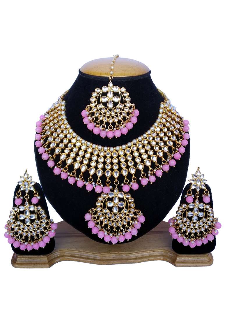 Light Pink Kundan Work Necklace Set - Indya
