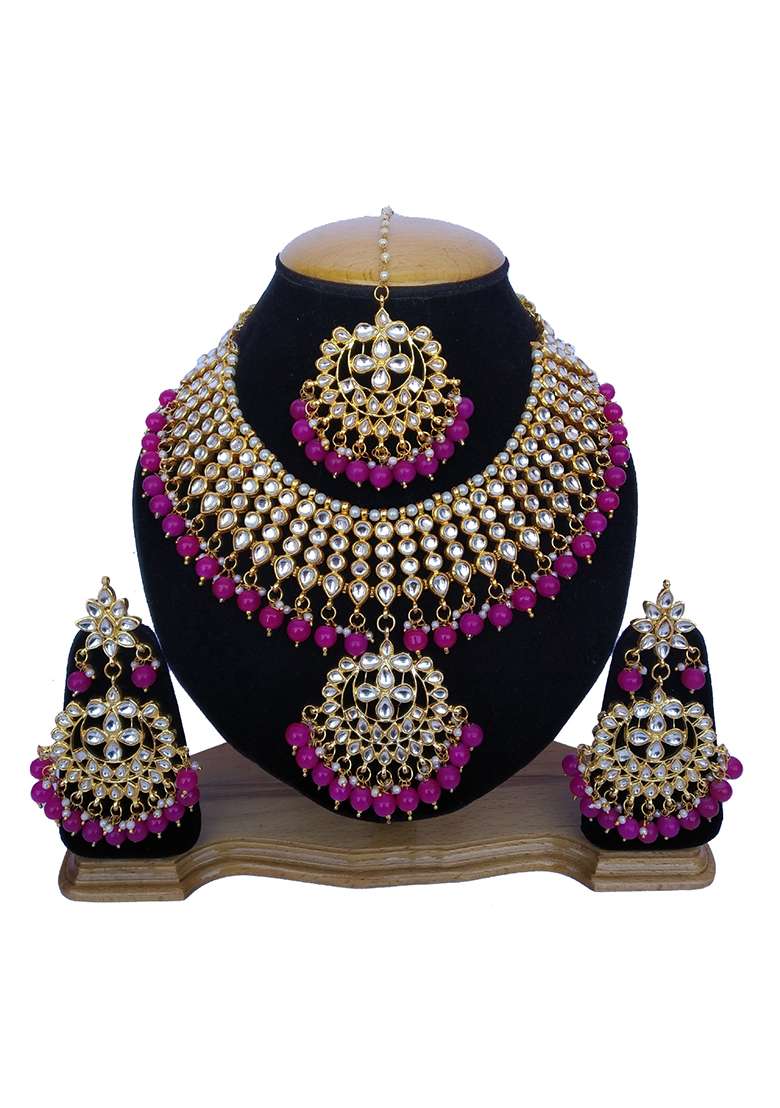 Pink Kundan Work Necklace Set - Indya
