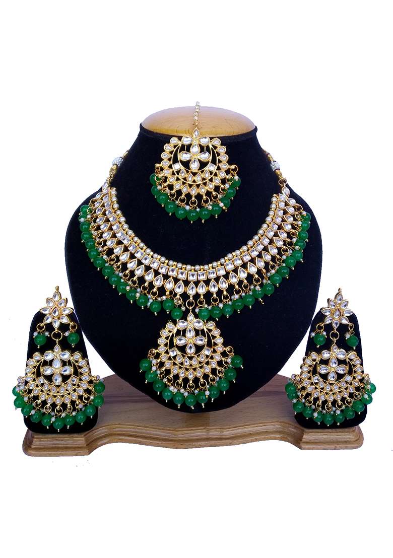 Green Kundan Work Necklace Set - Indya