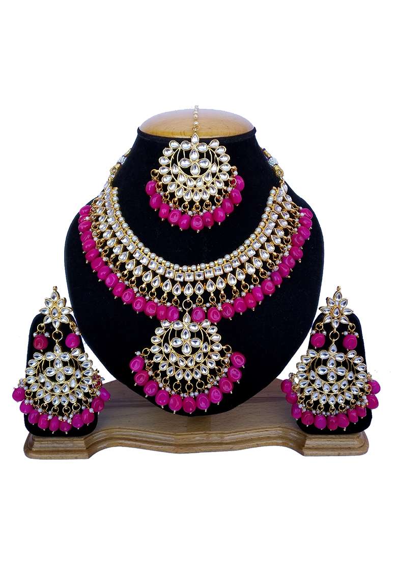 Pink Kundan Work Necklace Set - Indya