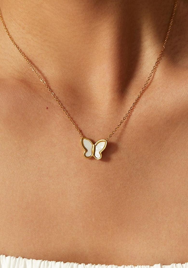 Gold Plated Shell Butterfly Pendant Necklace