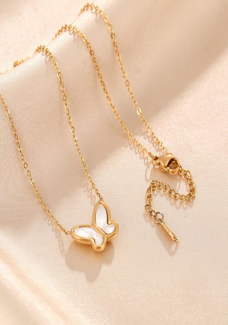 Gold Plated Shell Butterfly Pendant Necklace