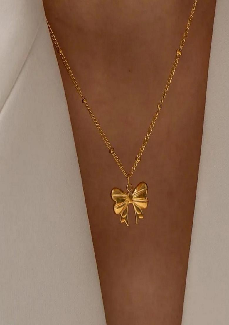 Gold Platedribbon Bow Pendant Dotted Necklace