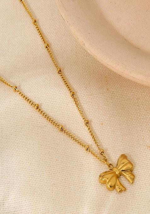 Gold Platedribbon Bow Pendant Dotted Necklace