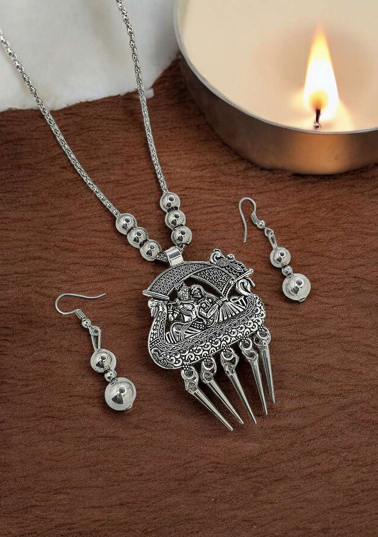 Silver Oxidised Long Temple Nacklace - Indya