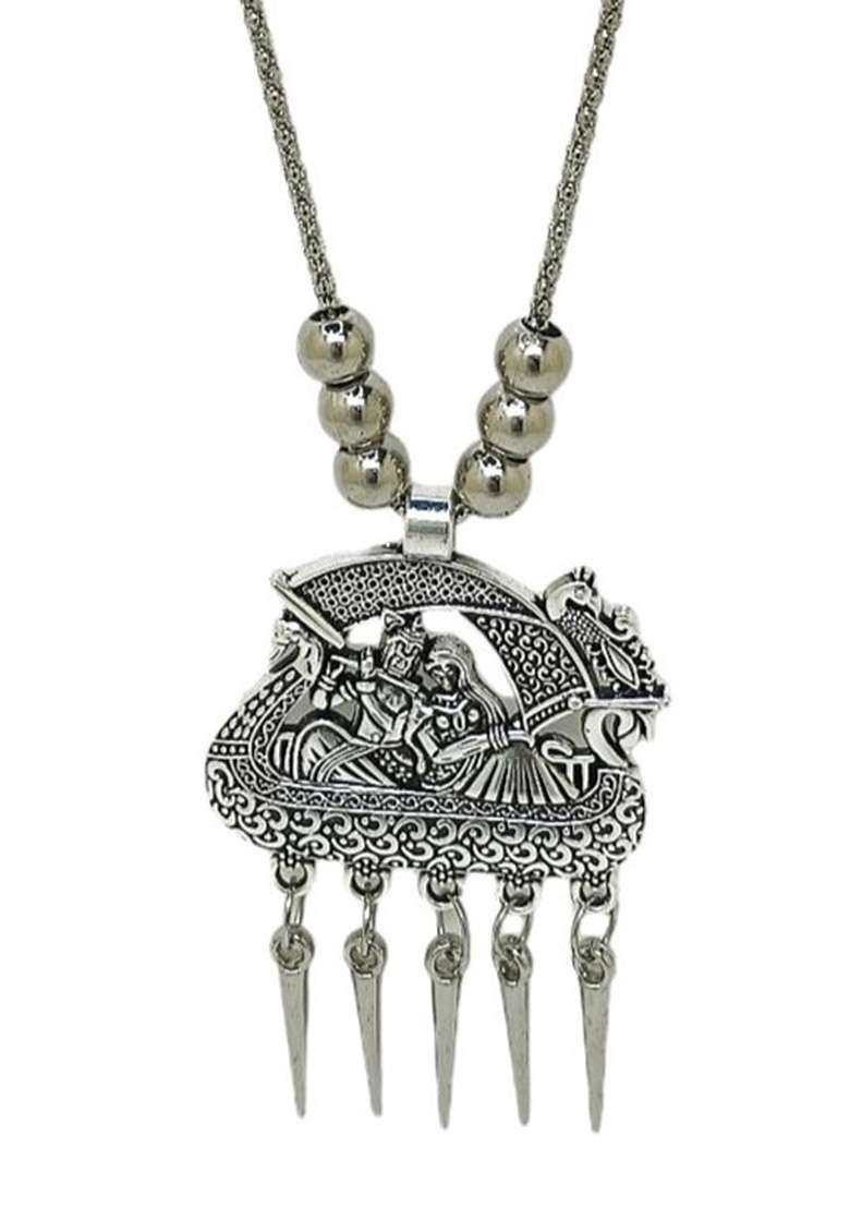 Silver Oxidised Long Temple Nacklace - Indya