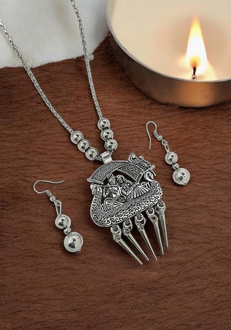 Silver Oxidised Long Temple Nacklace