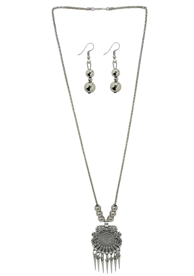 Silver Oxidised Long Jewellery Set - Indya