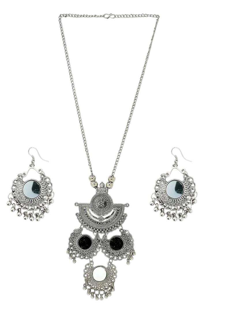 Silver Oxidised Mirror Work Long Jewellery Set