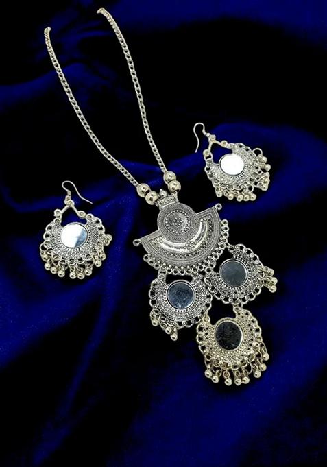 Silver Oxidised Mirror Work Long Jewellery Set