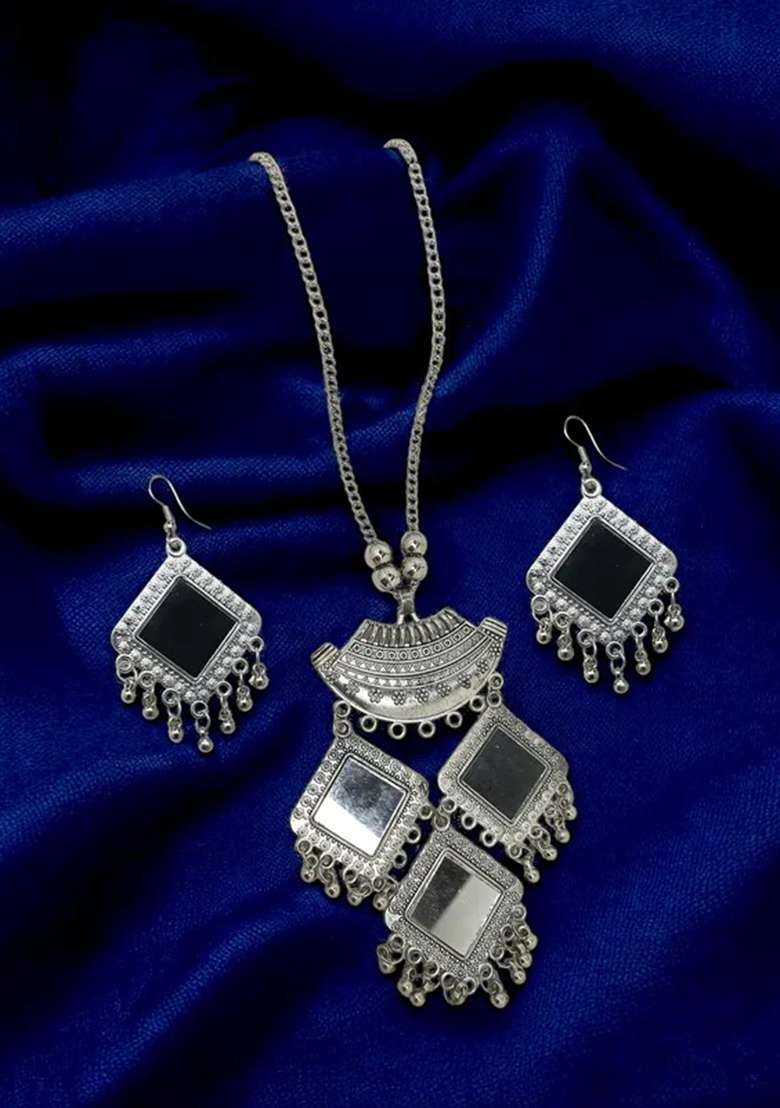 Silver Oxidised Mirror Work Long Jewellery Set - Indya