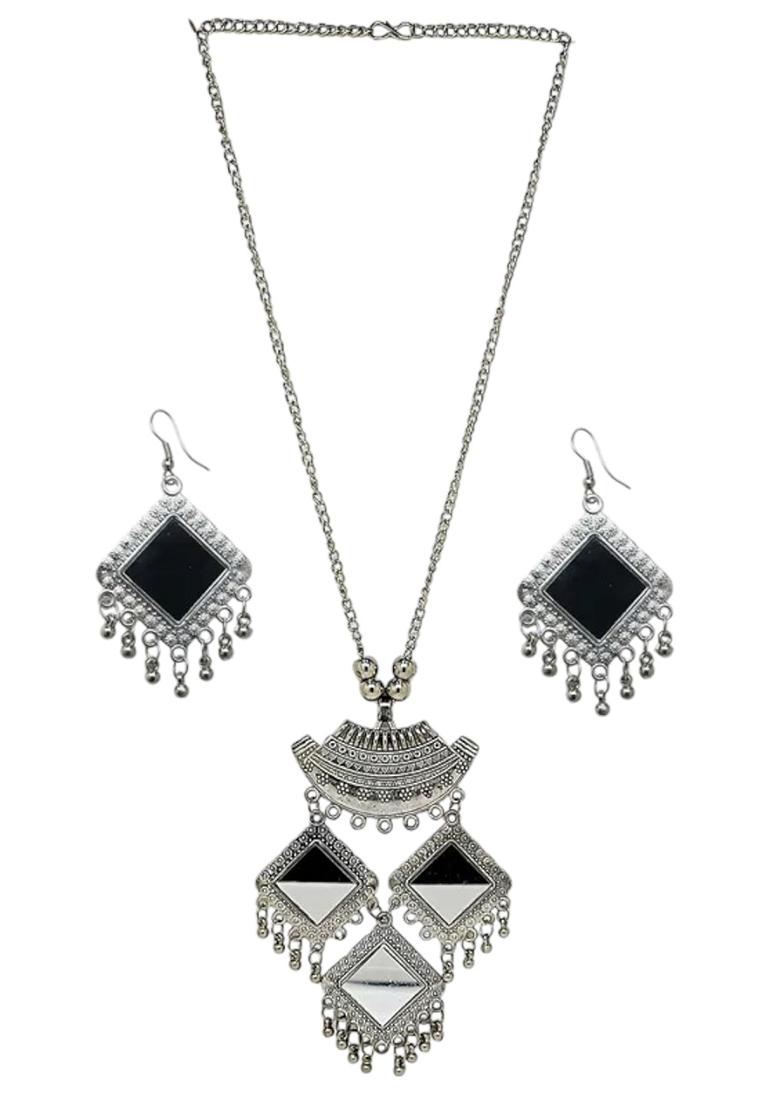 Silver Oxidised Mirror Work Long Jewellery Set