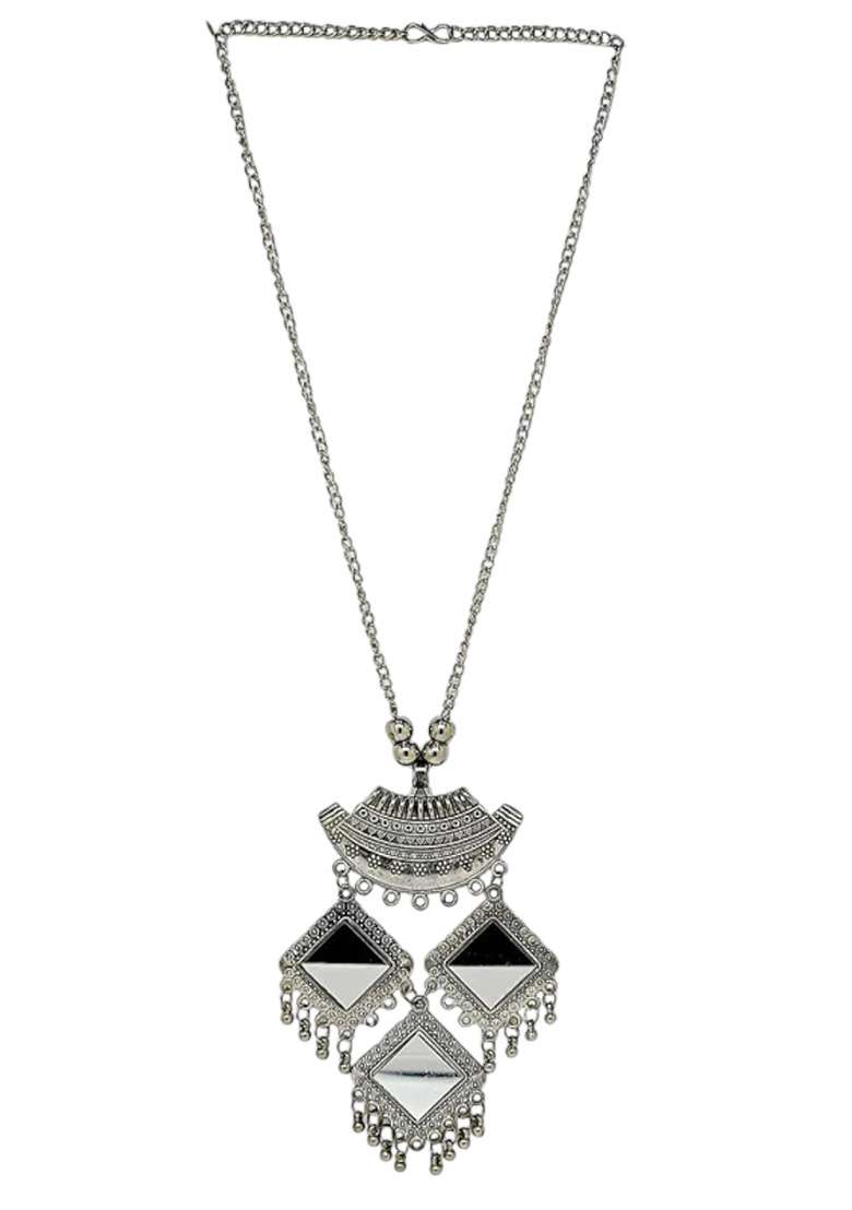 Silver Oxidised Mirror Work Long Jewellery Set - Indya