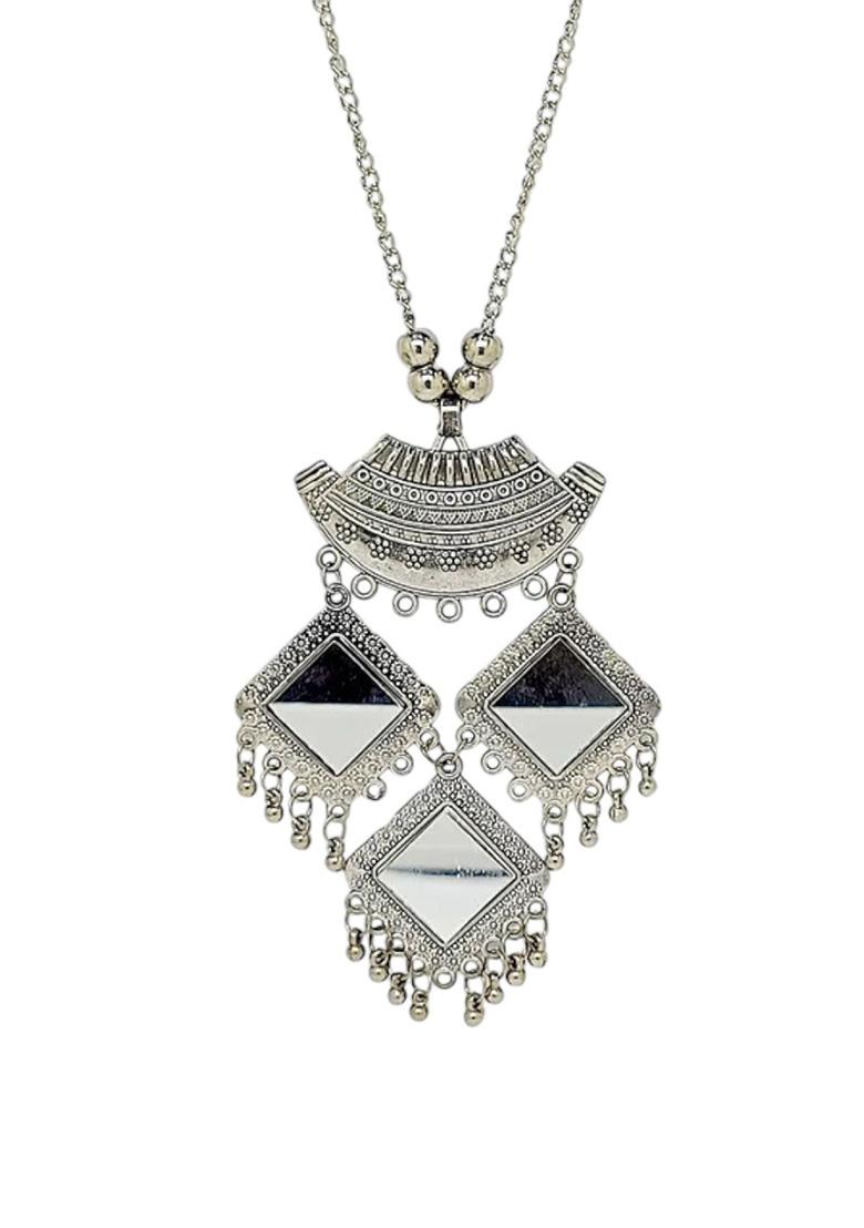 Silver Oxidised Mirror Work Long Jewellery Set