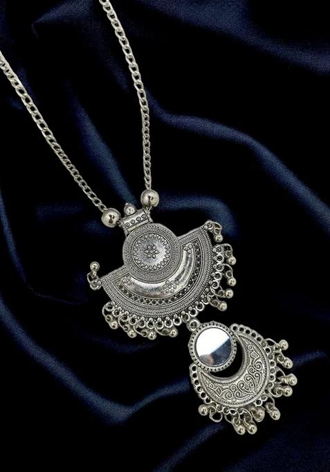 Silver Oxidised Long Mirror Necklace