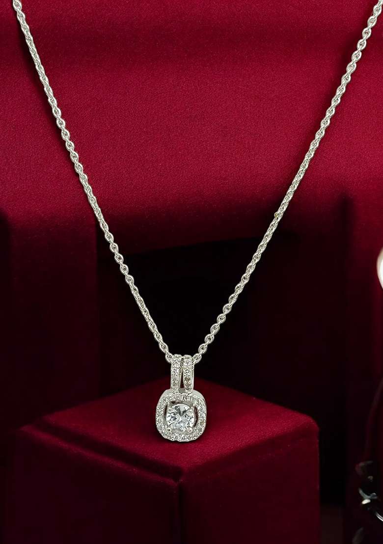 Silver Plated American Diamond Solitaire Pendant Chain - Indya