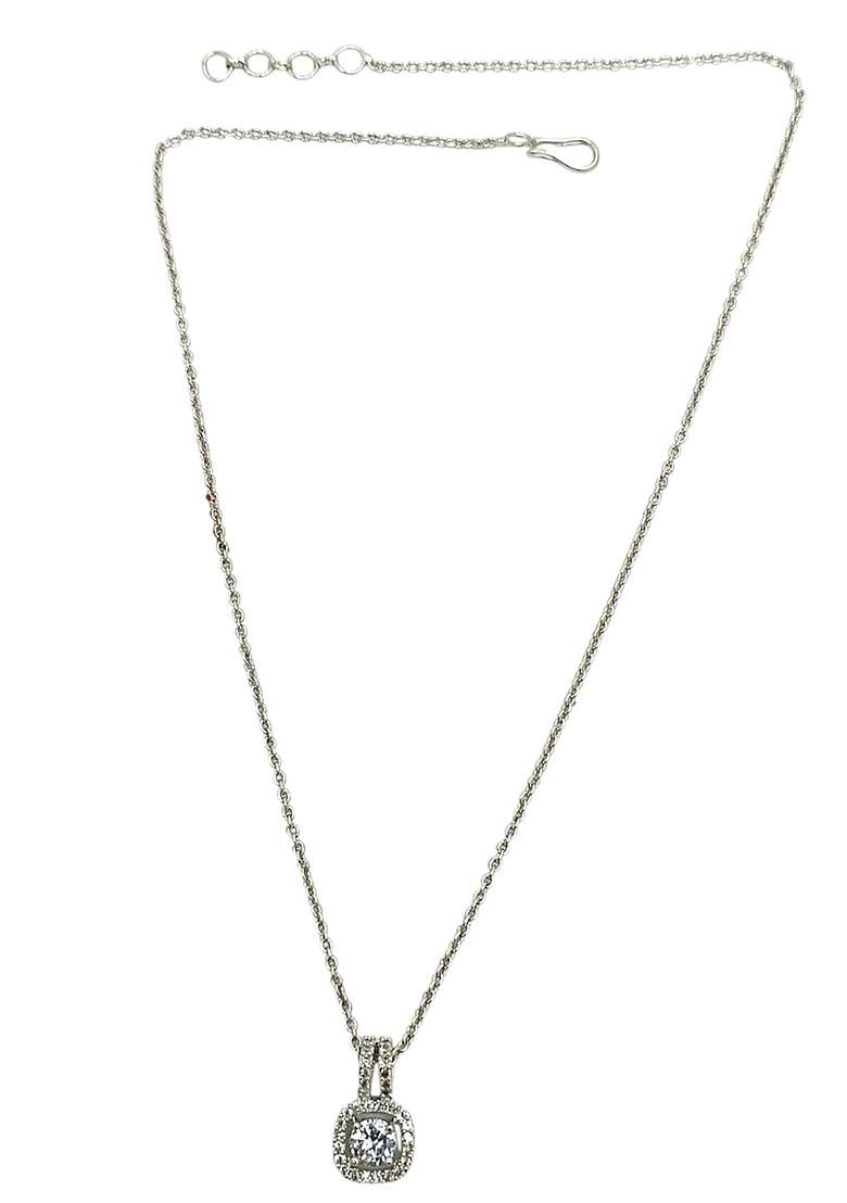 Silver Plated American Diamond Solitaire Pendant Chain - Indya